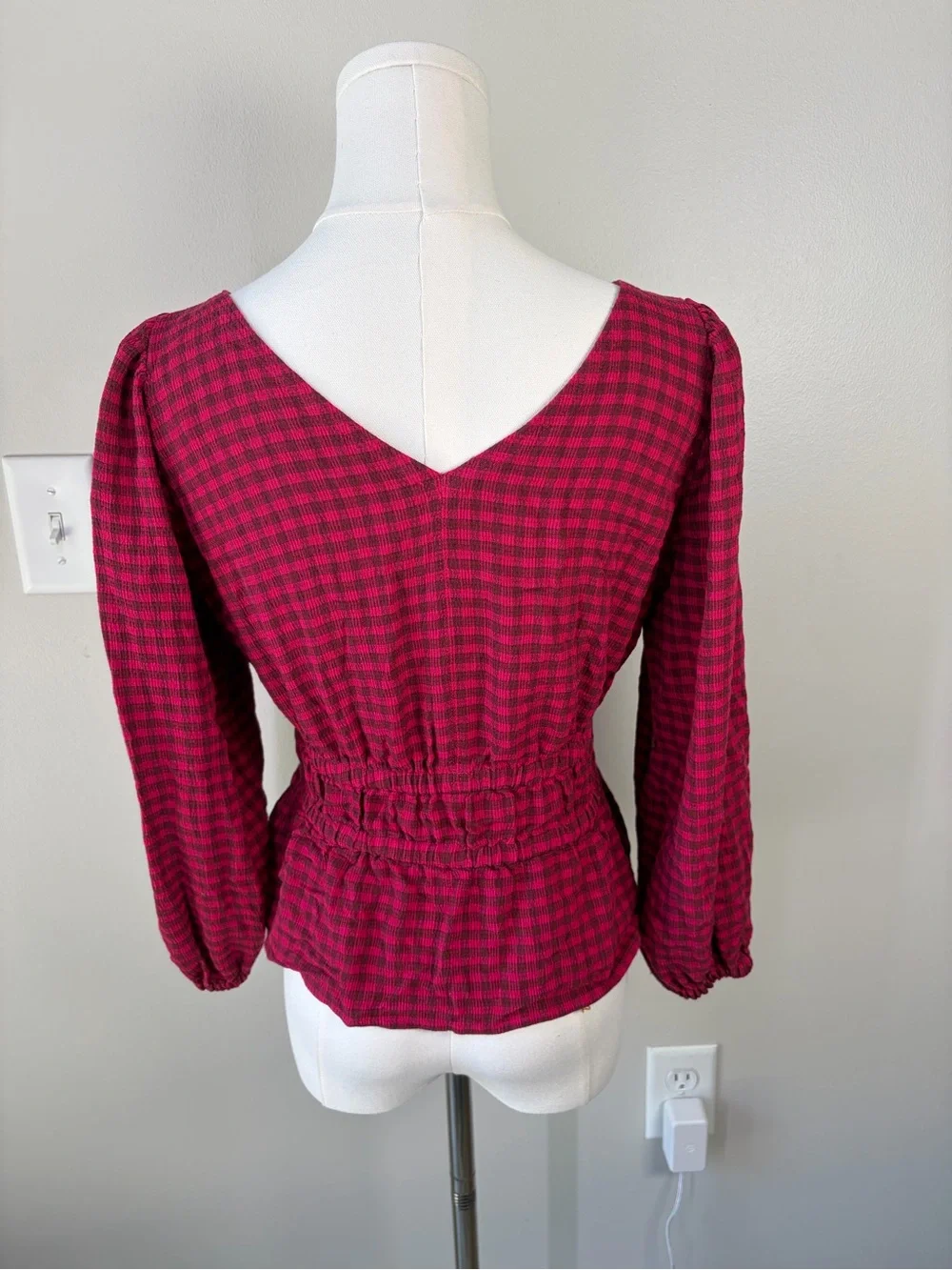 Madewell Crinkled V-Neck Peplum Top Hibiscus Plaid Puff Sleeve Smocked Blouse